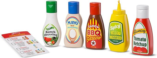 Melissa & Doug 5-Piece Favorite Condiments Play Food Set Play Ketchup and Mustard Bottles, Pretend Food Set for Kids Ages 3+
