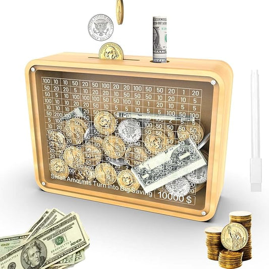 Piggy Bank for Adults Kids, Wooden Coin Bank for Boys and Girls, Cash Vault Money Saving Box with Counter $10000 Savings Challenge Money Box with Money Target and Numbers (Acrylic $10000)