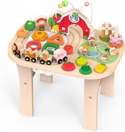 Activity Table for 1 Year Old, Baby Wooden Sensory Table with Bead Maze Shape Sorter Train Track for Toddler, Farm Montessori Toy Activity Center Educational Learning Toys for Kid 12+ Months (Natural)