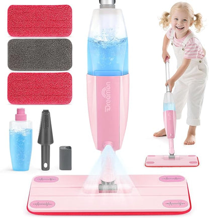 Dreamon Kids Spray Mop - Real Working Toddler Cleaning Set with Water Sprayer & 3 Washable Mop Pads & Scraper, Pretend Play Montessori Housekeeping Toys Gifts for Toddlers Kids Girls Boys(Pink)
