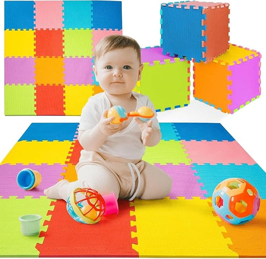 TOYVELT Foam Puzzle Floor Mat for Kids 12x12-16 Interlocking Play Mat Tiles with Colors, Shapes, Alphabet, ABC, Numbers - Educational Large Puzzle Foam Floor Tiles for Crawling