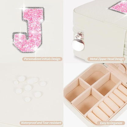 Travel Jewelry Case - Personalized Jewelry Box for Women,Small Jewelry Organizer Cute Jewelry Organizers and Storage Aesthetic,Travel Essentials Birthday Gifts for Girls Women | Cream,J