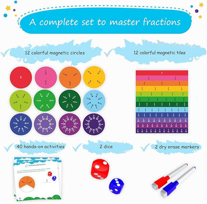 Simply magic 166 PCS Magnetic Fractions Activities Class Set – Fraction Strips, Tiles, Circles & Bars, Magnetic Math Manipulatives for Kids, Perfect Classroom Learning Tools, Homeschool Supplies