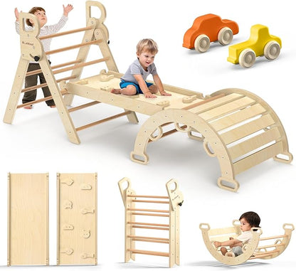 BlueWood Pikler Triangle Set 7-in-1 Foldable Baby Climbing Wooden Toys with Arch&Ramp&Ladder Climber Indoor Jungle Gyms for Toddlers - Natural Wood
