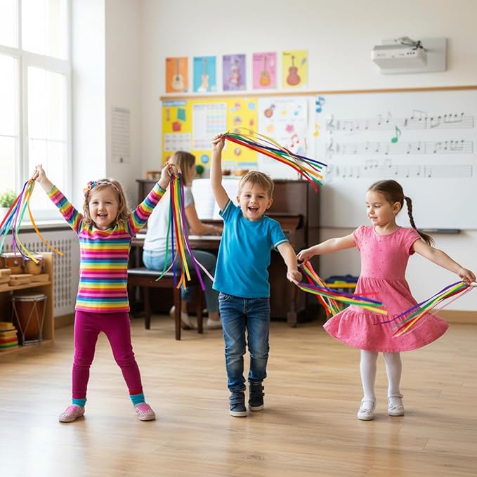 Junkin Ribbon Rings Hand Kite Waldorf Toys Dancing Wrist Ribbons Rainbow Streamers with Wood Ring Educational Toy for Playroom Dancing Birthday Party Gift(Rainbow,48 Pcs)