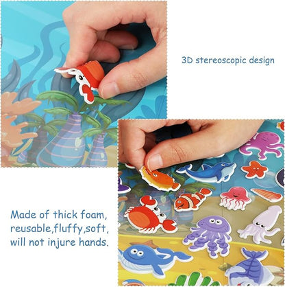 3D Sea Animals Puffy Sticker Play Set Kids 2-4 Toys Gifts Sticker Book Under the Sea Window Gel Clings Decals for Toddlers Home Airplane Classroom Nursery Ocean Party Supplies Decorations Removable 100 Reusable Puffy Stickers 2 Fold-Out Scenes