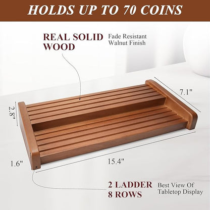 Challenge Coin Display Holder, 8 Rows Solid Wood Military Coin Stand Holds 60-70 Coins, Army Coin Display Rack for Desk (Walnut Finish)