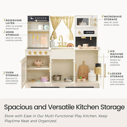 Tiny Land Play Kitchen for Kids, Toy Kitchen Set with Plenty of Play Features, New Modern Kids Wooden Play Kitchen Designed in Trendy Home Style with Curtains, Gift for Ages 3+