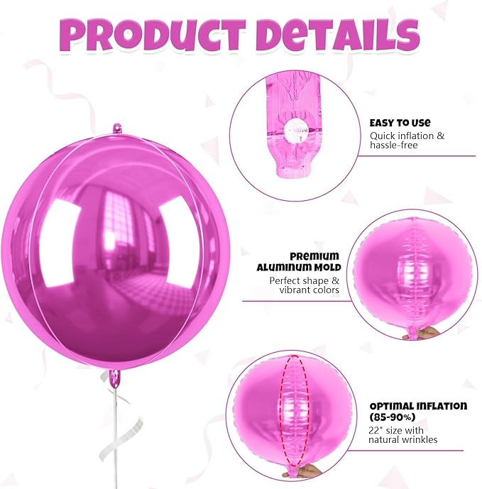 Green Pink Giant 4D Foil Balloons, 6 Pcs Large Metallic Green Pink Black Round Balloons, 22 Inch Big Round Foil Balloon for Summer Birthday Party Baby Shower Graduation Wedding Decorations