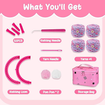 AHCo. Knitting Loom Kit for Girls Ages 6 7 8 10 11 12 – DIY Yarn Craft Set with Looms, Hooks, Storage Bag and Tools, Create Hats, Scarves, Coasters – Fun Gift for Beginners and Kids (Rose)