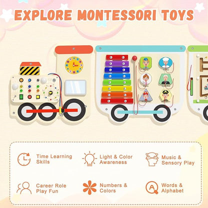 Montessori Sensory Board - Electric Train Wooden Wall Busy Board, Toddler Learning Panel Wall-Mounted, Educational Toys for 3-6 Years, Interactive Playroom/Daycare Activity Gifts for Boys Girls