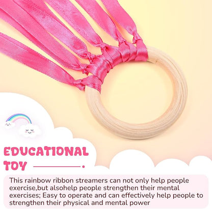 Junkin Ribbon Rings Hand Kite Waldorf Toys Dancing Wrist Ribbons Rainbow Streamers with Wood Ring Educational Toy for Playroom Dancing Birthday Party Gift(Solid Color,24 Pcs)