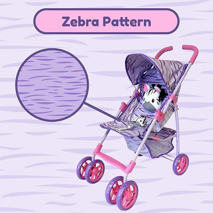 Baby Doll Stroller for Toddlers 1-3, Pillow Animal Toy Baby Stoller for Dolls, Pink & Purple Folding Baby Toy Stroller for Dolls, Foldable Stroller for Girls, for Kids (Zebra)