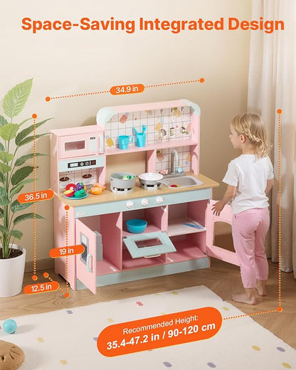 VEVOR Wooden Play Kitchen Toy, Play Kitchen for Kids with Lights and Sounds, Toddler Kitchen with Ice Maker, Oven, Sink, Microwaves, Fridge and Utensil and Fruit Accessory for Toddlers Ages 3-8, Pink