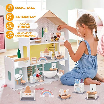 Wooden Dollhouse Furniture Set Elegant Kid’s Room & Bathroom Doll House Accessories, Premium Wood Toys for 3-6 Year Olds, Dollhouse Decor Set for Girls & Boys Birthday Christmas