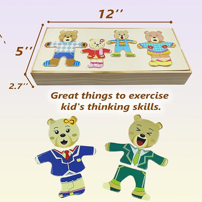 Wooden Bear Family Dress-up Puzzle Box for Toddlers(72pcs),Change Clothes Puzzle Games, Preschool Learning Activities Toys for Kids Ages 3+