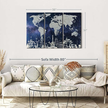 ElephantStock Starry World Map Multi Piece Canvas - 3 Panel Wall Decor - Map of the World Art - Canvas for the Office and Home - 50" X 32"