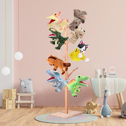 Wooden Puppet Stand for 15 Puppets – Hand Puppet Display Tree with 15 Pegs, Space-Saving Organizer for Classroom, Playroom, Daycare or Home Use – Natural Wood Puppet Holder Rack