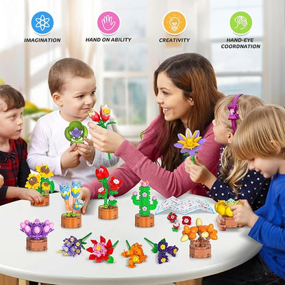 24 Pack Flowers Party Favors for Kids Building Set - 827PCS Succulents 3.6MM Mini Building Blocks Toy for Easter Basket Stuffers, Classroom Prizes, Mother's Day Birthday Gift for Girl Boy Ages 6+