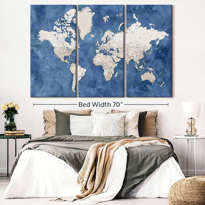 ElephantStock Detailed World Map With Cities I Wall Art - Horizontal Canvas - 3-Piece Living Room Decor - Watercolor Map Canvas Print - Beige and Blue Wall Decor by Blursbyai - 74" X 48"