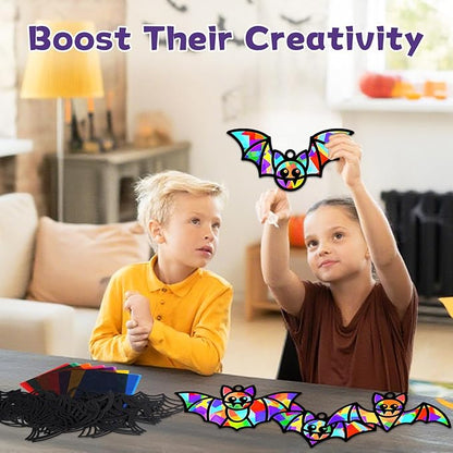 QOUBAI 32 Sets Halloween Bats Suncatchers Craft Kit DIY Window Stained Glass Effect Halloween Bats Paper Crafts Home School Classroom Decoration Kid Birthday Gift Creative Art Project Activity Game
