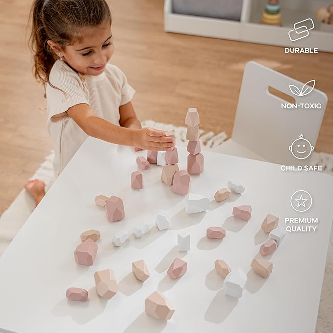 Comfy Cubs Stacking Rocks 36 Pieces, 36 Months+, Educational Toddler Stacking Blocks, Promotes Imagination, Balance & Fine Motor Skills - Wooden Rocks Sensory Toys Gift for Kid, Girl Pack