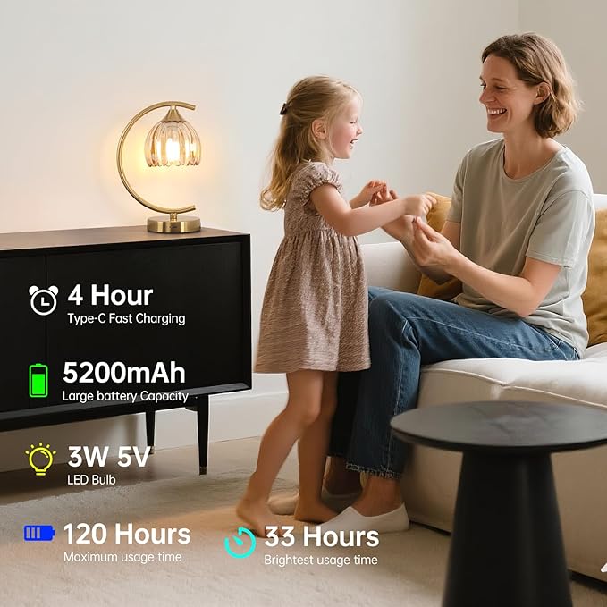 Cordless Table Lamp with 5200mAh Battery & Touch Control - 3 Adjustable Color Temperatures Bulb, Rechargeable Small Table Lamps for Living Room, Bedroom, Office Desk, Nightstand (Amber Tulip)