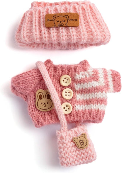17cm Doll Clothing for Labubu - Kawaii Chic Style Set for 17cm Dolls, Cute Doll Outfit with Accessories -Button Up Stripe Pink Sweater + Pink Hat + Pink Bag (Clothes Only)