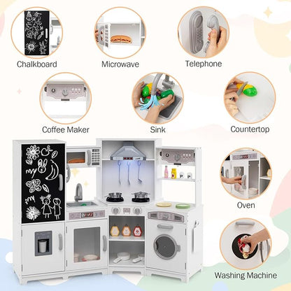 GLACER Corner Wooden Play Kitchen for Kids, Large Pretend Play Kitchen Playset with Sound, Light, Chalkboard, Microwave, Ice Maker, Washing Machine, Accessories, Toy Kitchen Set for Ages 3+ (White)