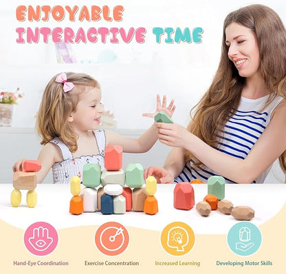36PCS Wooden Stacking Rocks Building Blocks, Montessori Toys for 3 4 5 year old Stacking Game Sensory Preschool Learning Activities, Balancing Stones Birthday Gifts for Kids 3-5 Easter Basket Stuffers