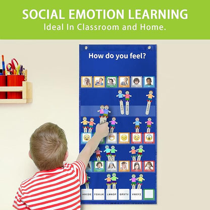 Boczif Emotions Feelings Pocket Chart for Classroom Chart with 24 Cards for Preschool Teacher,Daycare Decor, Social Emotional Learning Activities, Calm Down Corner Supplies (Blue)