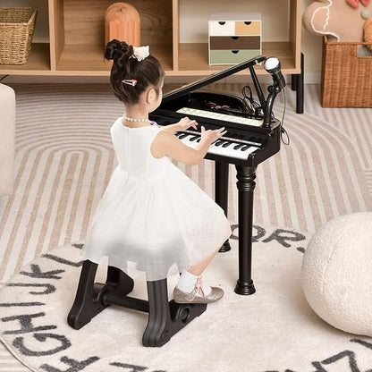 Costzon Kids Piano, 31 Key Mini Grand Piano Toy Keyboard with Microphone, Stool & Lights, Portable Electronic Piano Educational Musical Instrument Toy, Birthday Gift for Toddler Boys Girls (Black)