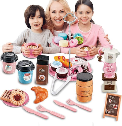 Pretend Tea Party Set for Little Girls, 41 PCS Coffee Maker Set and Play Food Dessert Set for Kids Age 3 4 5 6 7 8 9（Pink）