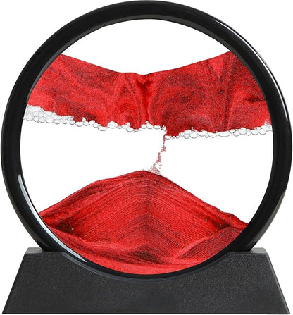 Moving Sand Art Liquid Motion, 3D Deep Sea Sandscape Color Quicksand Decor, Round Glass Moving Sand Art Picture Relaxing Desktop Home Office Work Decor (Red, 7 inch)