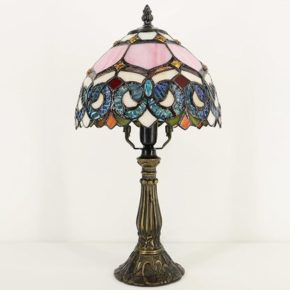 Small Tiffany Lamp Mini Accent Table Lamp Stained Glass Desk Memory Lamp Sympathy 8X14.5 Inch (Pink Baroque Style)