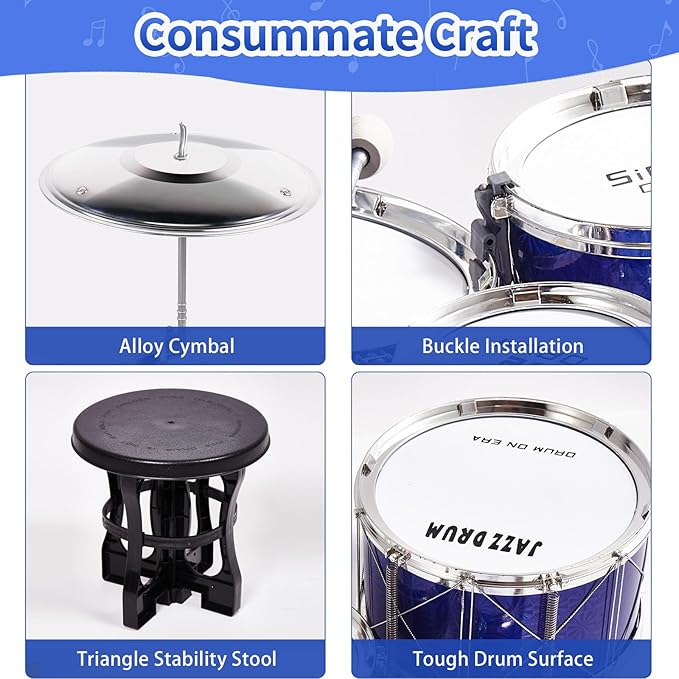 Tinylife Kids Drum Set, Jazz Drum Kit 5 Drums with Cymbals, Sticks, Throne for Toddlers Little Rockstar Toy for Baby Boys Girls Gifts (Navy)