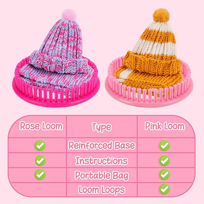 AHCo. Knitting Loom Kit for Girls Ages 6 7 8 10 11 12 – DIY Yarn Craft Set with Looms, Hooks, Storage Bag and Tools, Create Hats, Scarves, Coasters – Fun Gift for Beginners and Kids (Rose)