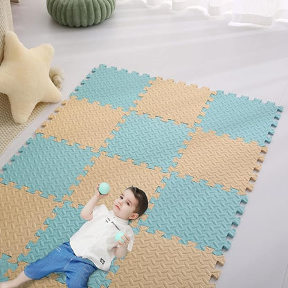 Foam Play Mat for Baby, 0.4 Inch Thick Foam Interlocking Floor Mats, Soft Non-Toxic Baby Playmat, Solid Colored Puzzle Play Mat Kids Floor Mats for Toddler, 16 Tiles(Beige/Light Blue)