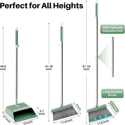 JOYMOOP Dark Teal Green Broom and Dustpan Set, Upright Angle with Built-in Comb Teeth, Ideal for Home, Office, Hardwood, Pet Hair