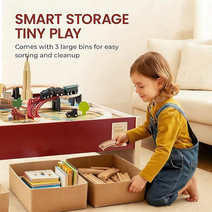 Tiny Land Large Wooden Train Table (47.9”x35.2”), 100PCS Train Set, 3 Storage Bins, Activity Playset for Kids Ages 3+