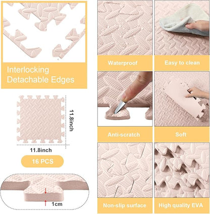Shihanee 16 Pcs Foam Floor Baby Tiles 11.81 x 11.81 inches Foam Floor Mats Play Mats Bulk with Borders Interlocking for Kids Baby Playroom Nursery Gym（Beige）