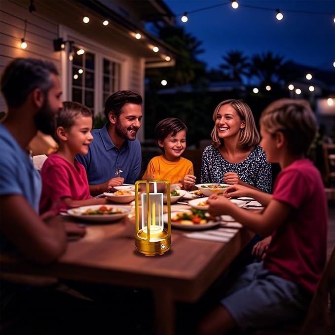 Outdoor Table Lamp, 4000mAh Rechargeable Battery Operated lamp, 3 Color Stepless Dimmable Cordless Table Lamp for Patio, Camping, Coffee Table, Crystal Lantern lamp for Indoor/Outdoor (Gold)