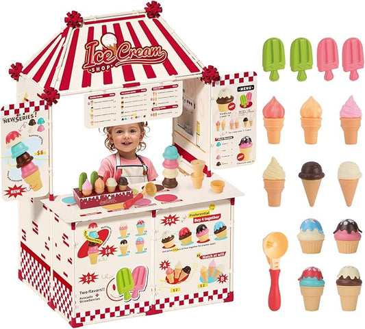 Icecream Cart for Kids,30 Pcs Pretend Play Food Truck, Fort Building STEM Toys Kit ,Ice Cream Shop,Grocery Store Pretend Play,Kids Toys for Girls & Boys(Ages 3+)