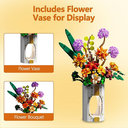 Flower Bouquet Building Set for Adults, 890 PCS Botanical Collection-Inspired Brick Floral Gift with Vase, Flower Vase Display Set for Home Decor