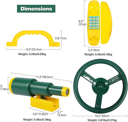 RedSwing Playground Accessories for Kids, Outdoor Swingset Attachments with Pirate Ship Wheel, Toy Telescope, Telephone and Safety Handles (Yellow and Green)