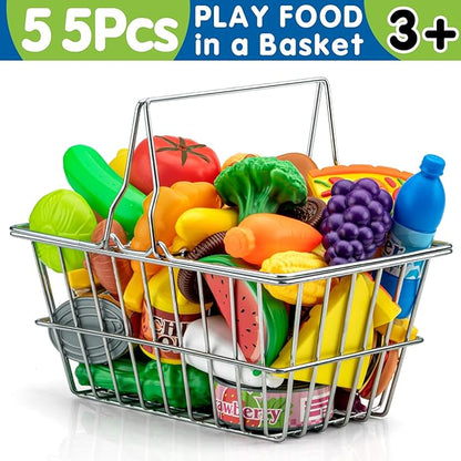55 Pcs Grocery Store Pretend Play Food Set with Shopping Basket for Kids Toddlers 1-3 4-8, Kids Play Kitchen Accessories Plastic Fake Food Fruits and Vegetables Can Toy Gifts for Boys Girls