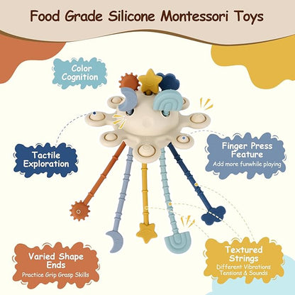 TYRY.HU Baby Gift Set,Montessori Learning Toys Set- Silicone Sensory Toys,Baby Teether Ball with Rattle,Soft Baby Book with Teether Ring & Crinkle Paper,Baby Tissue Box Toy,Milestone Cards,5 PCS