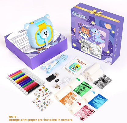Kids Camera Instant Print, 7 Print Paper (4 Color: O/R/G/B+3 B&W), 2.4" Screen Instant Camera for Kids Ages 3-12,1080P, 180°Flip Lens,32GB Card- Christmas Birthday Present for Boys & Girls,M2