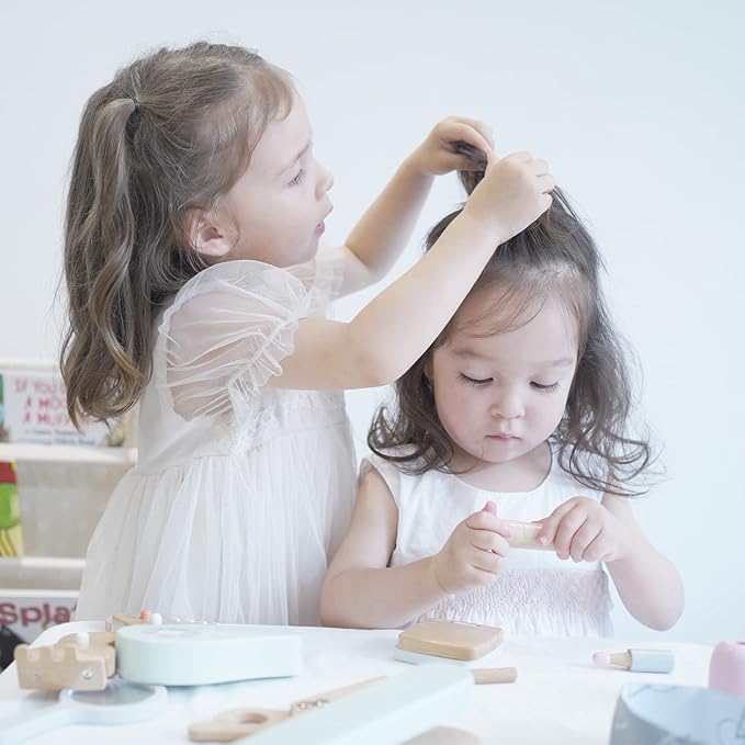 Wooden Makeup Toy Set Pretend Wood Beauty Salon Toys Toddler Wooden Makeup Kit for Girls 16PC