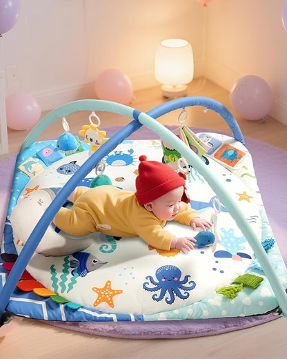 Baby Play Gym with 4 Developmental Zones – Tummy Time Mat & Activity Mat with 6 Sensory Toys, Visual Cards & Pillow – Baby Essentials & Ideal Gift for Newborns